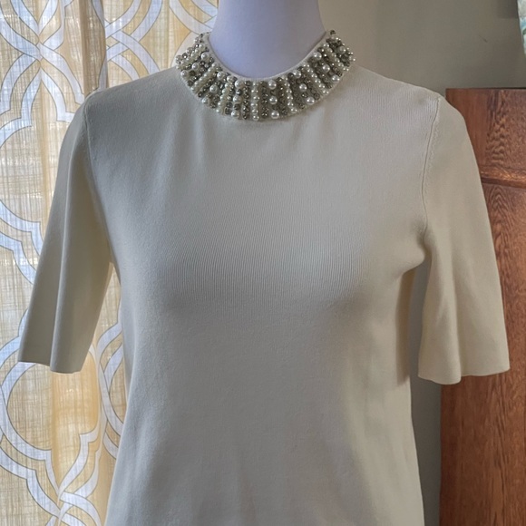 Talbots Petite Ivory Cream Sweater Pearl Rhinestones Collar Sz SP Short Sleeves - Picture 4 of 16